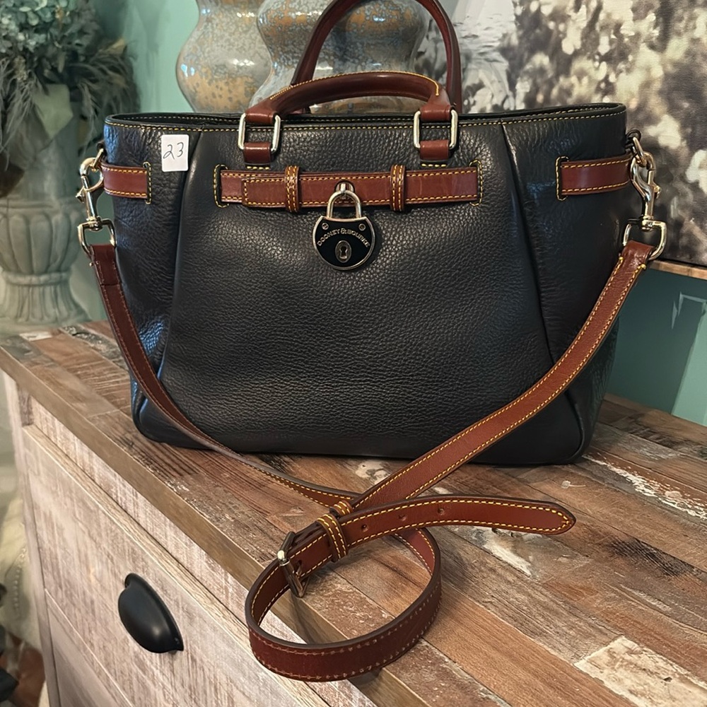Dooney & Bourke Black and Brown Leather Satchel with Adjustable Strap
